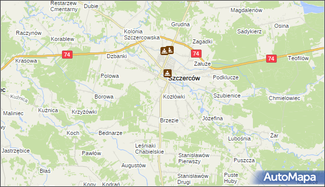 mapa Kozłówki gmina Szczerców, Kozłówki gmina Szczerców na mapie Targeo