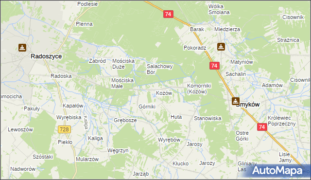 mapa Kozów gmina Smyków, Kozów gmina Smyków na mapie Targeo