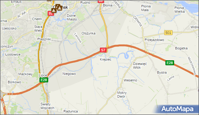 mapa Krępiec gmina Pruszcz Gdański, Krępiec gmina Pruszcz Gdański na mapie Targeo