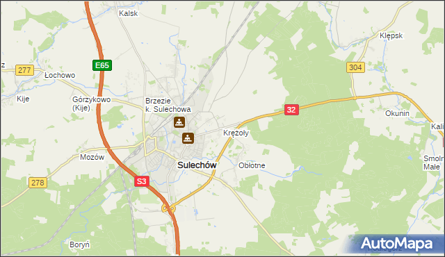 mapa Krężoły gmina Sulechów, Krężoły gmina Sulechów na mapie Targeo