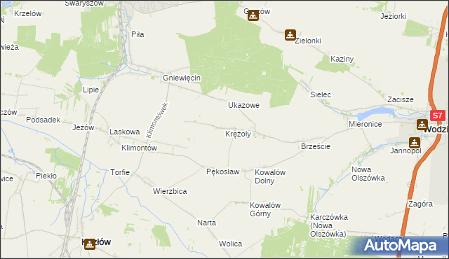 mapa Krężoły gmina Wodzisław, Krężoły gmina Wodzisław na mapie Targeo