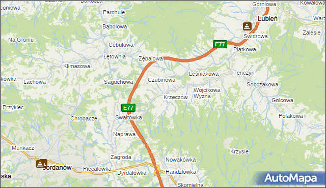 mapa Krzeczów gmina Lubień, Krzeczów gmina Lubień na mapie Targeo