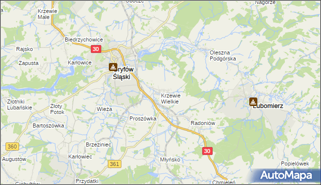 mapa Krzewie Wielkie, Krzewie Wielkie na mapie Targeo