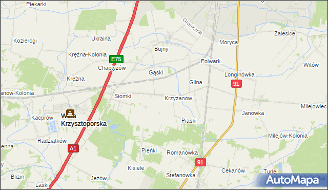 mapa Krzyżanów gmina Wola Krzysztoporska, Krzyżanów gmina Wola Krzysztoporska na mapie Targeo