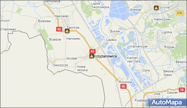 mapa Krzyżanowice powiat raciborski, Krzyżanowice powiat raciborski na mapie Targeo