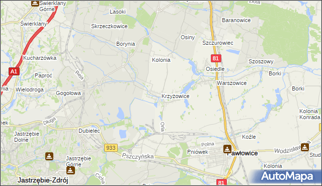 mapa Krzyżowice gmina Pawłowice, Krzyżowice gmina Pawłowice na mapie Targeo
