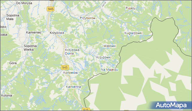 mapa Krzyżówki gmina Jeleśnia, Krzyżówki gmina Jeleśnia na mapie Targeo