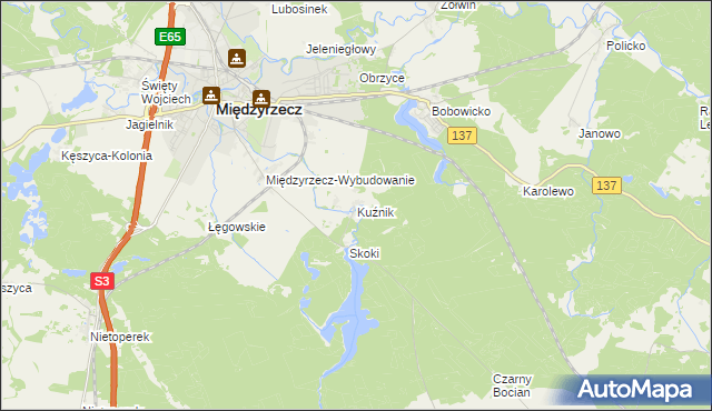 mapa Kuźnik gmina Międzyrzecz, Kuźnik gmina Międzyrzecz na mapie Targeo