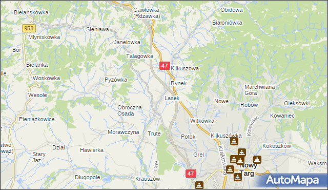 mapa Lasek gmina Nowy Targ, Lasek gmina Nowy Targ na mapie Targeo