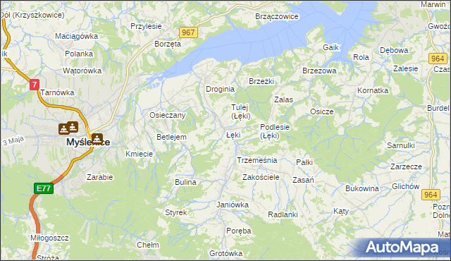 mapa Łęki gmina Myślenice, Łęki gmina Myślenice na mapie Targeo