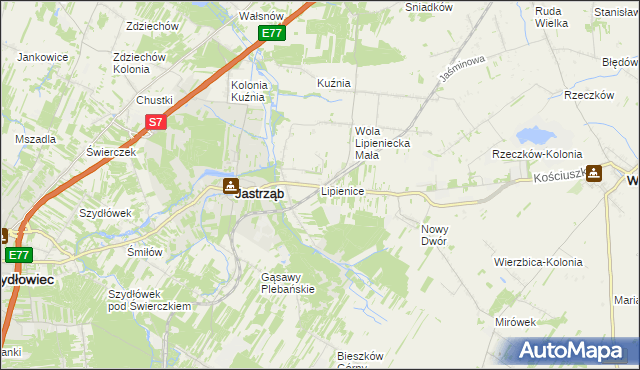 mapa Lipienice gmina Jastrząb, Lipienice gmina Jastrząb na mapie Targeo