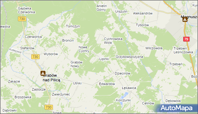 mapa Lipinki gmina Grabów nad Pilicą, Lipinki gmina Grabów nad Pilicą na mapie Targeo