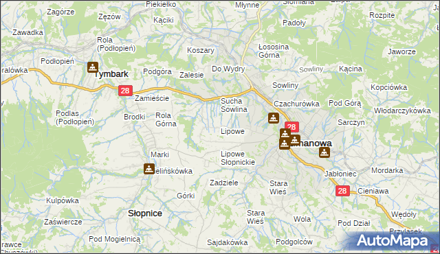 mapa Lipowe gmina Limanowa, Lipowe gmina Limanowa na mapie Targeo