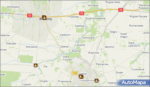 mapa Lisowice gmina Koluszki, Lisowice gmina Koluszki na mapie Targeo