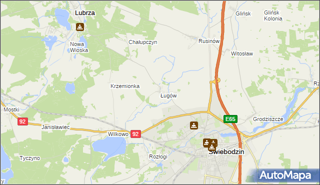 mapa Ługów gmina Świebodzin, Ługów gmina Świebodzin na mapie Targeo