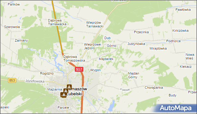 mapa Majdanek gmina Tomaszów Lubelski, Majdanek gmina Tomaszów Lubelski na mapie Targeo