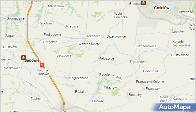 mapa Małoszyce gmina Sadowie, Małoszyce gmina Sadowie na mapie Targeo