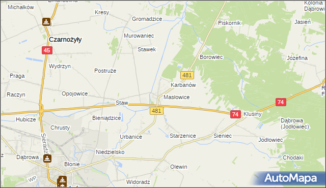 mapa Masłowice gmina Wieluń, Masłowice gmina Wieluń na mapie Targeo