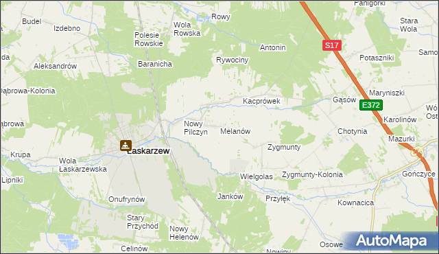 mapa Melanów gmina Łaskarzew, Melanów gmina Łaskarzew na mapie Targeo