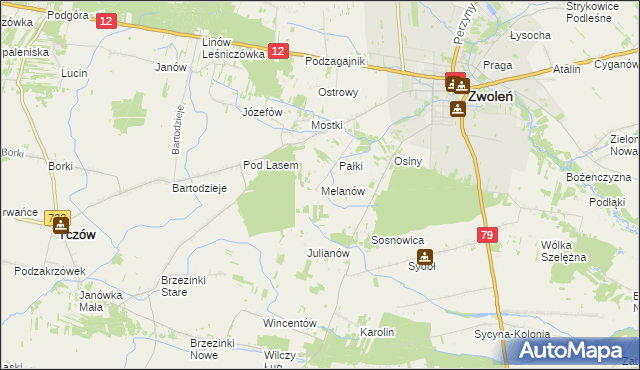 mapa Melanów gmina Zwoleń, Melanów gmina Zwoleń na mapie Targeo