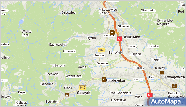 mapa Meszna gmina Wilkowice, Meszna gmina Wilkowice na mapie Targeo