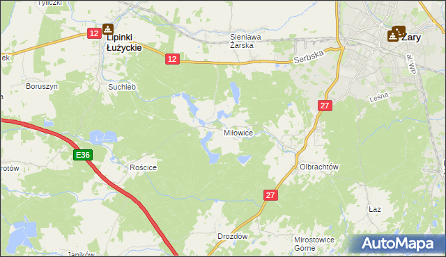 mapa Miłowice gmina Żary, Miłowice gmina Żary na mapie Targeo