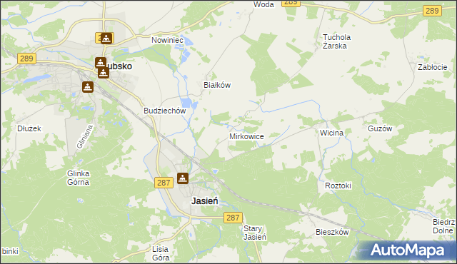 mapa Mirkowice gmina Jasień, Mirkowice gmina Jasień na mapie Targeo