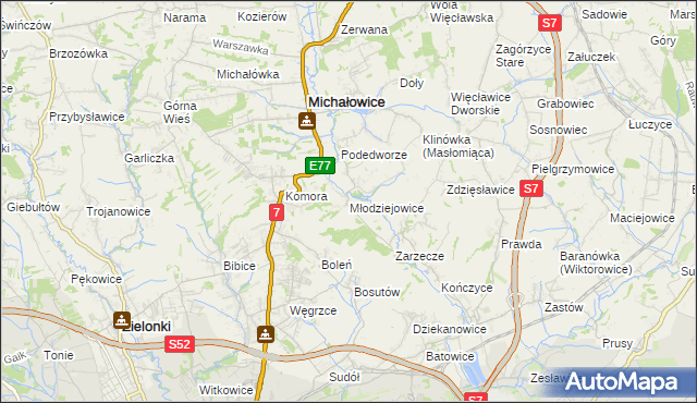 mapa Młodziejowice gmina Michałowice, Młodziejowice gmina Michałowice na mapie Targeo