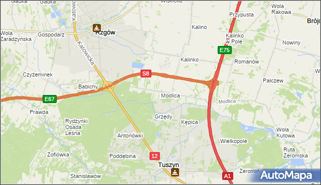 mapa Modlica gmina Tuszyn, Modlica gmina Tuszyn na mapie Targeo