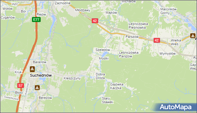 mapa Mostki gmina Suchedniów, Mostki gmina Suchedniów na mapie Targeo