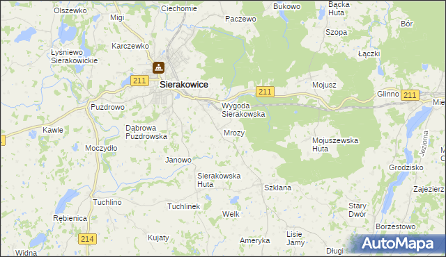 mapa Mrozy gmina Sierakowice, Mrozy gmina Sierakowice na mapie Targeo