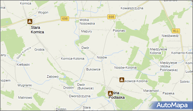 mapa Nosów gmina Leśna Podlaska, Nosów gmina Leśna Podlaska na mapie Targeo