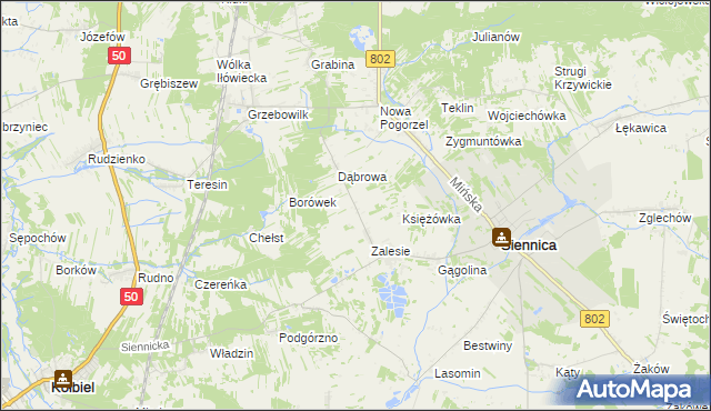 mapa Nowe Zalesie gmina Siennica, Nowe Zalesie gmina Siennica na mapie Targeo