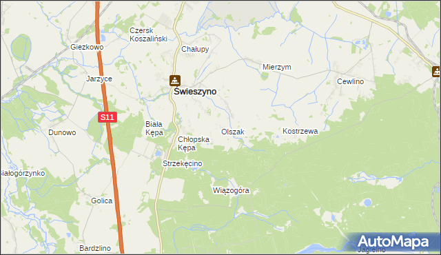 mapa Olszak gmina Świeszyno, Olszak gmina Świeszyno na mapie Targeo