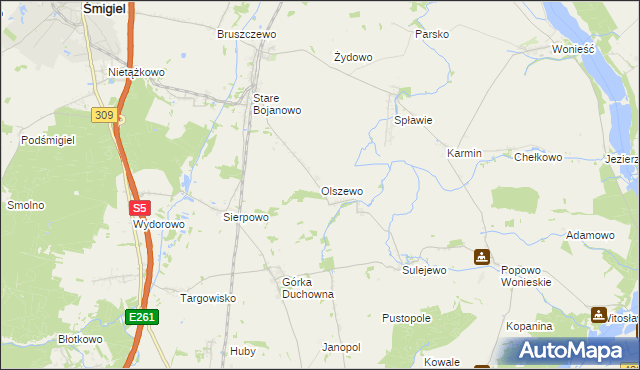 mapa Olszewo gmina Śmigiel, Olszewo gmina Śmigiel na mapie Targeo