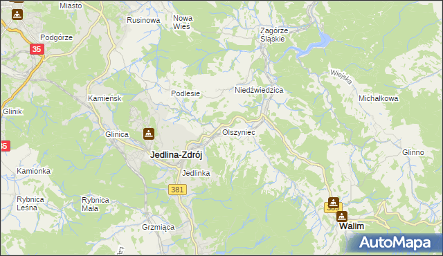 mapa Olszyniec gmina Walim, Olszyniec gmina Walim na mapie Targeo