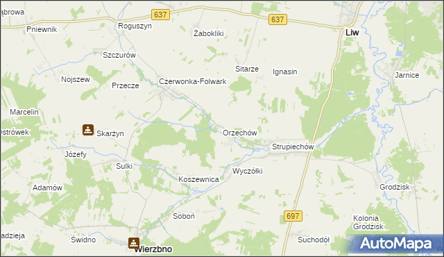mapa Orzechów gmina Wierzbno, Orzechów gmina Wierzbno na mapie Targeo