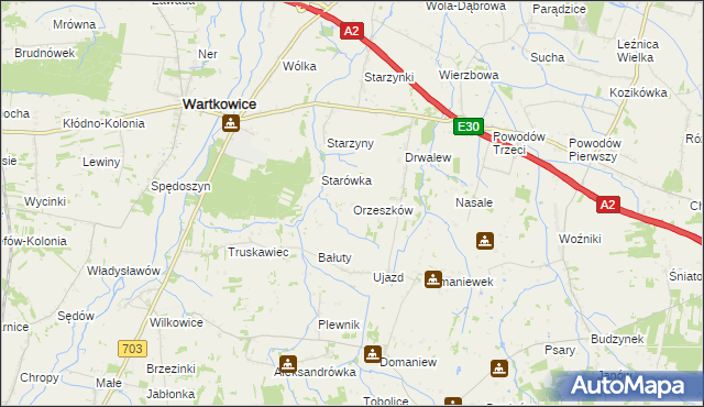 mapa Orzeszków gmina Wartkowice, Orzeszków gmina Wartkowice na mapie Targeo