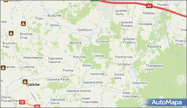 mapa Ostrów gmina Dalików, Ostrów gmina Dalików na mapie Targeo