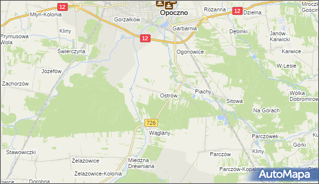 mapa Ostrów gmina Opoczno, Ostrów gmina Opoczno na mapie Targeo