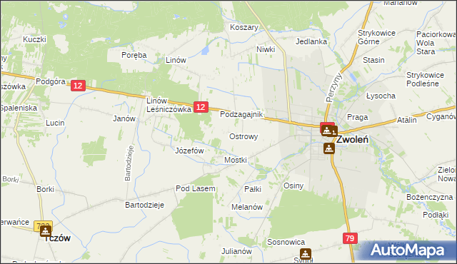 mapa Ostrowy gmina Zwoleń, Ostrowy gmina Zwoleń na mapie Targeo