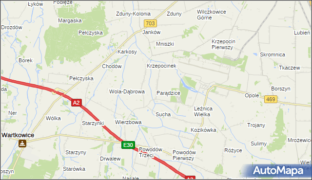 mapa Parądzice, Parądzice na mapie Targeo