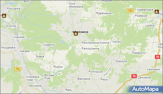 mapa Parkoszowice gmina Włodowice, Parkoszowice gmina Włodowice na mapie Targeo