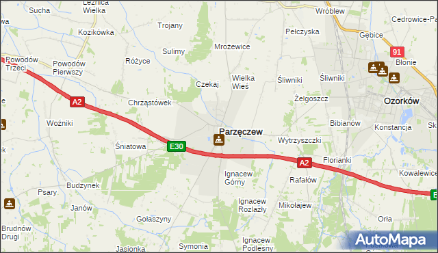 mapa Parzęczew powiat zgierski, Parzęczew powiat zgierski na mapie Targeo