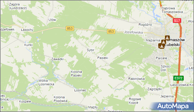 mapa Pasieki gmina Tomaszów Lubelski, Pasieki gmina Tomaszów Lubelski na mapie Targeo
