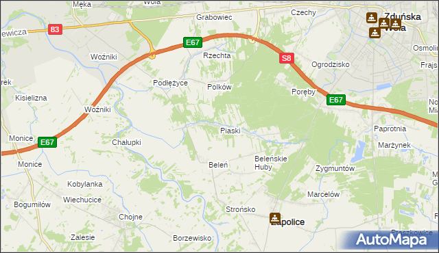 mapa Piaski gmina Zduńska Wola, Piaski gmina Zduńska Wola na mapie Targeo