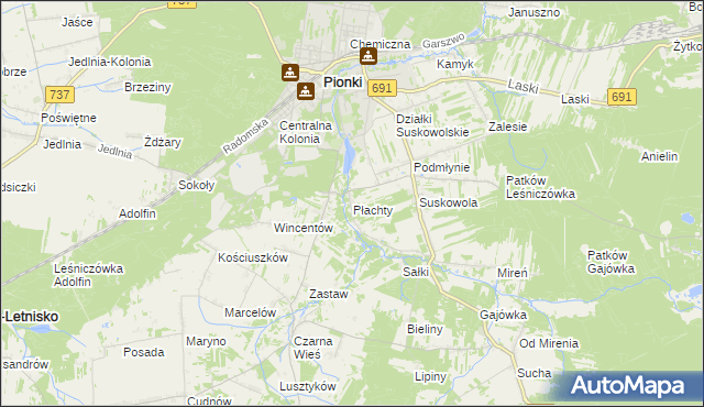 mapa Płachty gmina Pionki, Płachty gmina Pionki na mapie Targeo