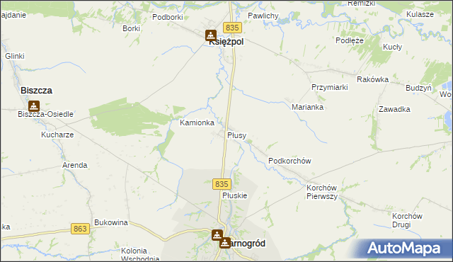 mapa Płusy gmina Księżpol, Płusy gmina Księżpol na mapie Targeo