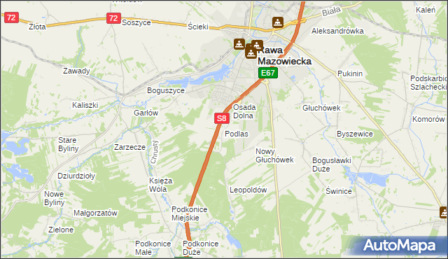 mapa Podlas gmina Rawa Mazowiecka, Podlas gmina Rawa Mazowiecka na mapie Targeo