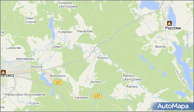 mapa Policko gmina Pszczew, Policko gmina Pszczew na mapie Targeo